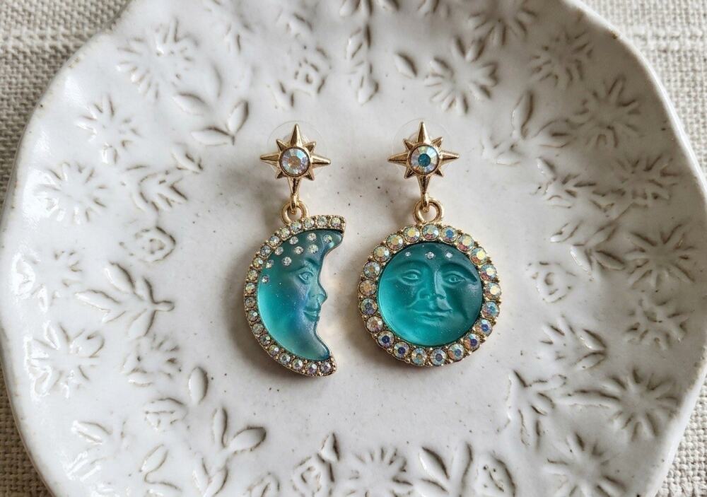 Moon Sun Star Earrings Face Mismatch Gold Deco Celestial Glass CZ Asymmetric